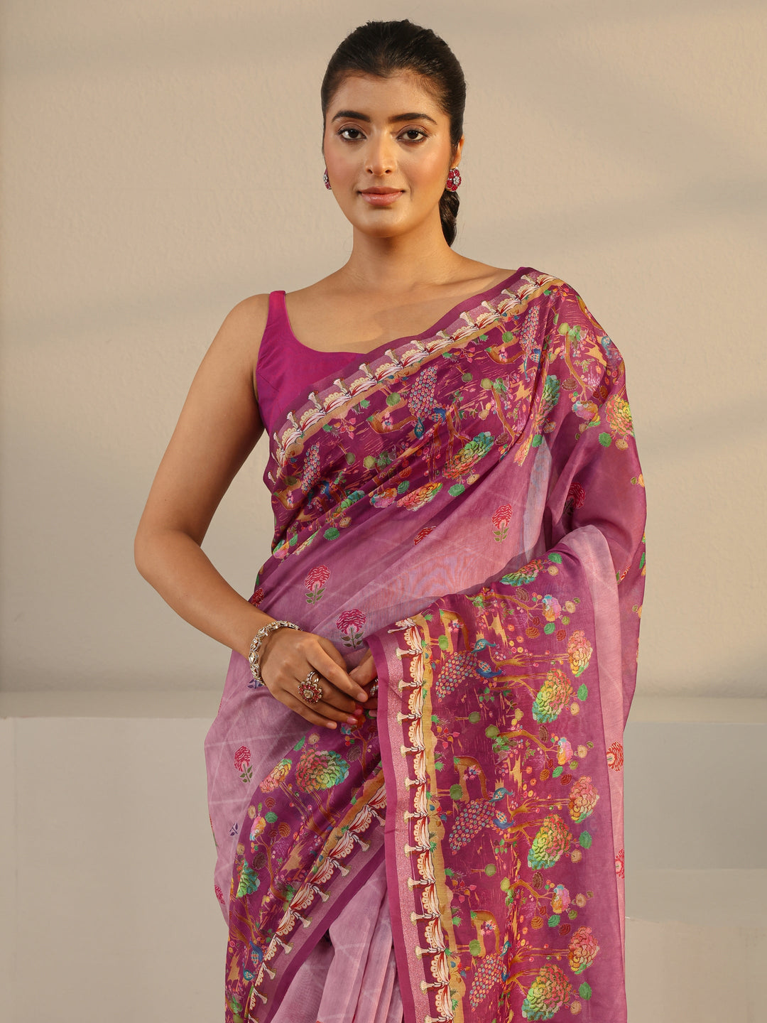  Purple Floral Printed Silk Blend Ombre Tassel Saree With Unstitched Blouse Piece 