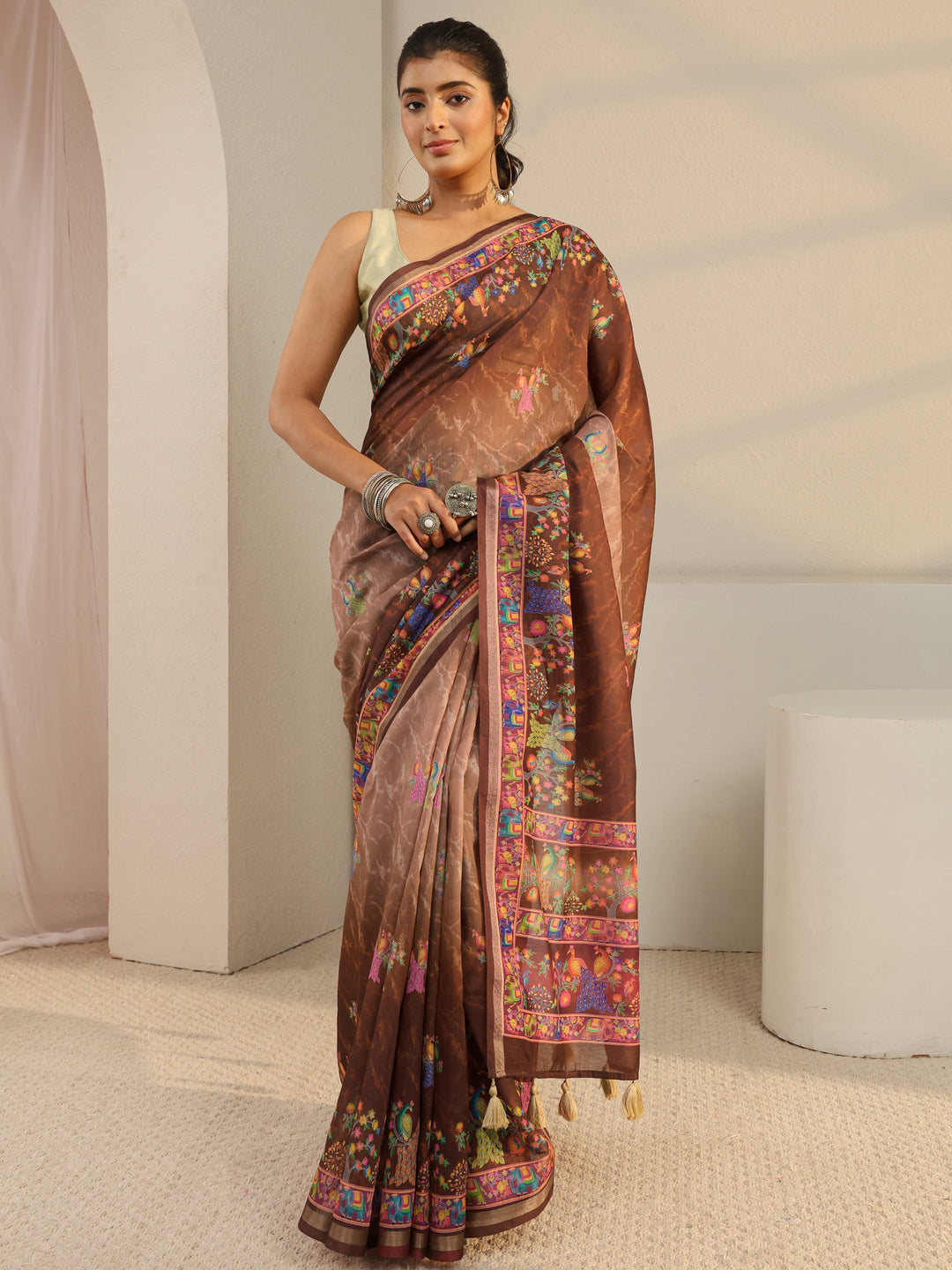  Brown Floral Printed Silk Blend Ombre Tassel Saree With Unstitched Blouse Piece 