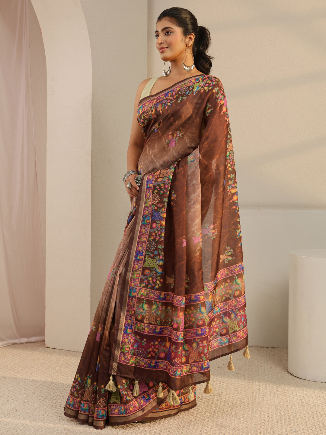  Brown Floral Printed Silk Blend Ombre Tassel Saree With Unstitched Blouse Piece 