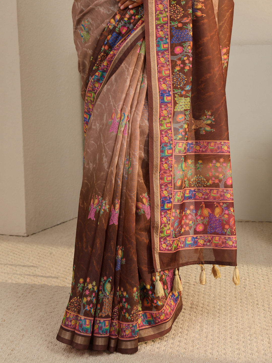  Brown Floral Printed Silk Blend Ombre Tassel Saree With Unstitched Blouse Piece 