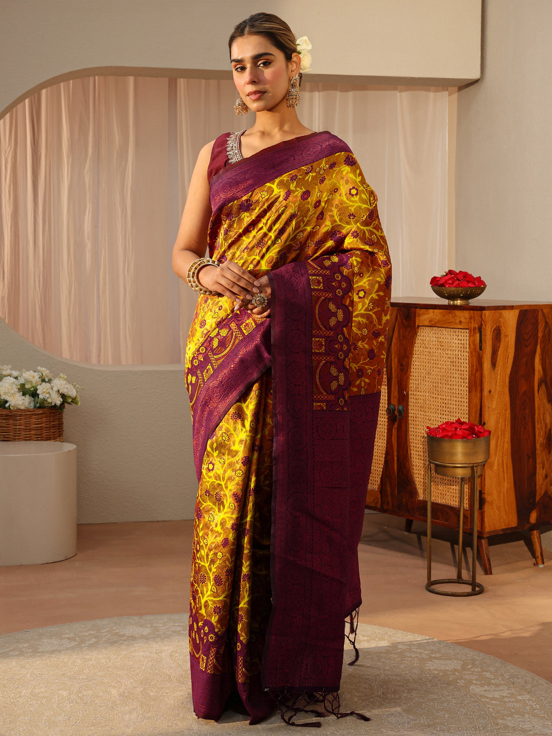  Mustard Floral Woven Design Silk Blend Saree 