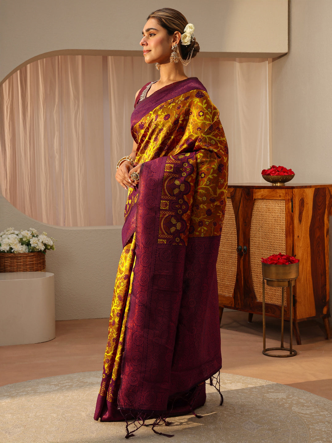  Mustard Floral Woven Design Silk Blend Saree 