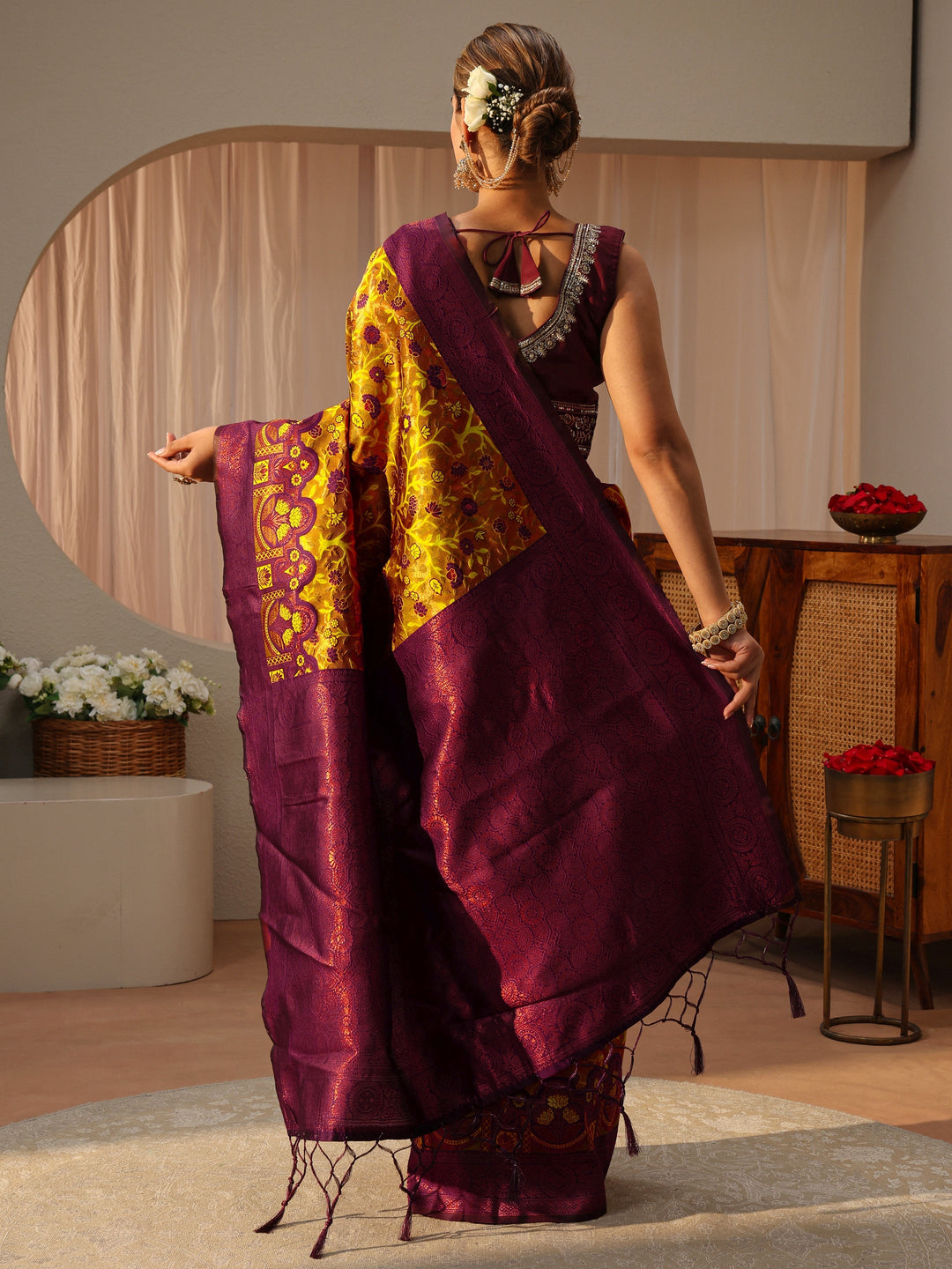  Mustard Floral Woven Design Silk Blend Saree 