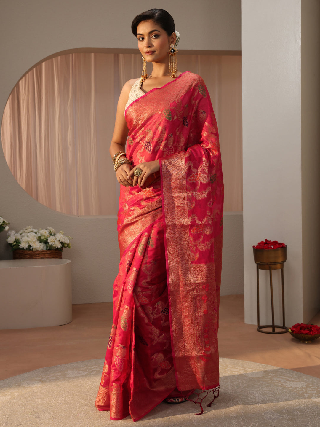 Pink Floral Self Design Silk Blend Saree 