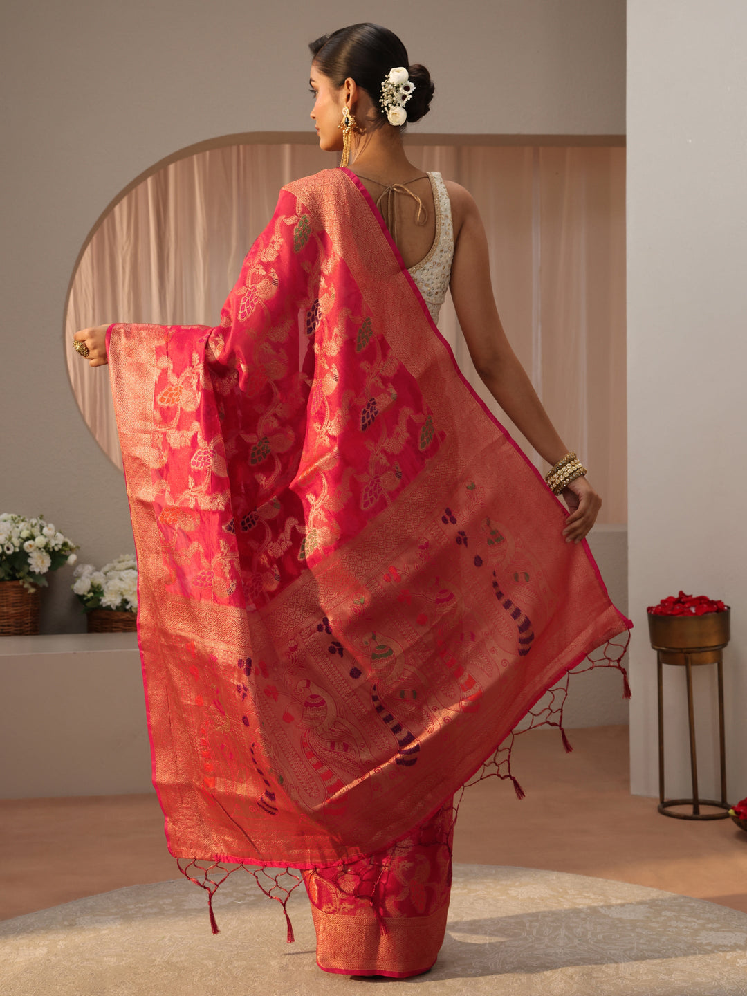  Pink Floral Self Design Silk Blend Saree 