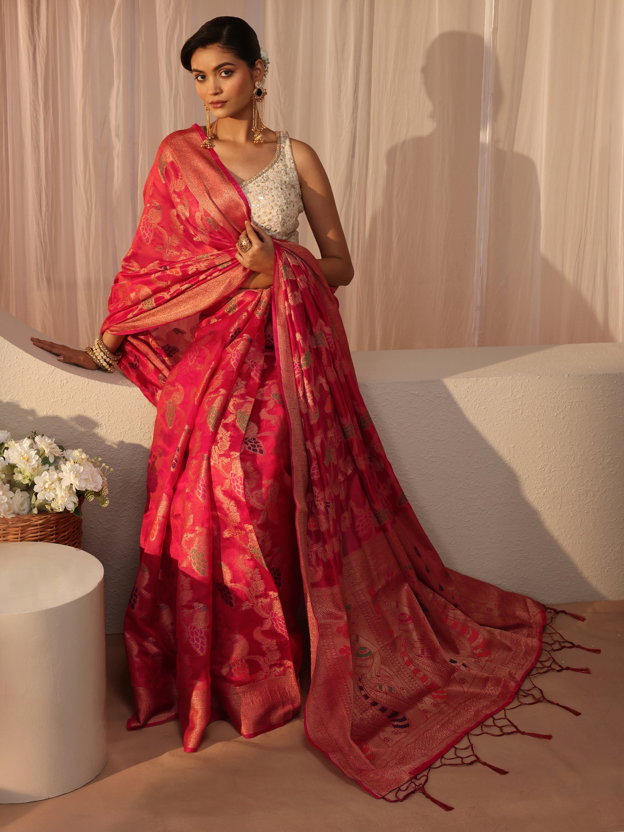 libas Pink Floral Self Design Silk Blend Saree-picture-50