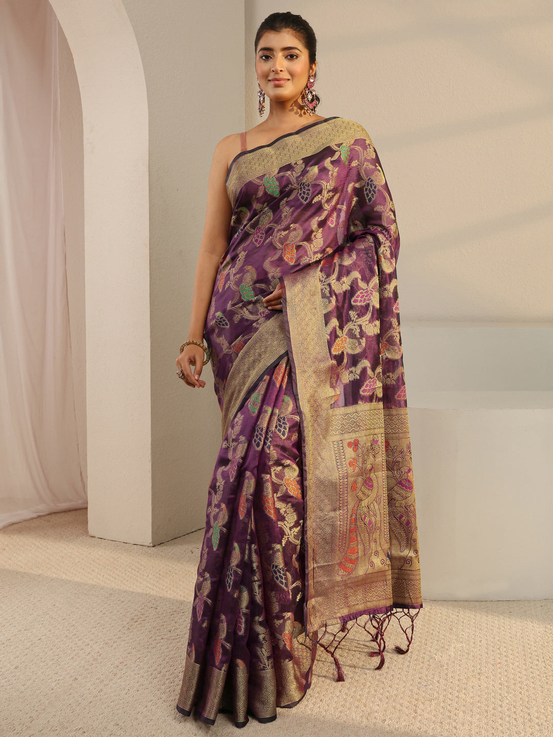  Purple Floral Woven Design Silk Blend Saree With Unstitched Blouse Piece 