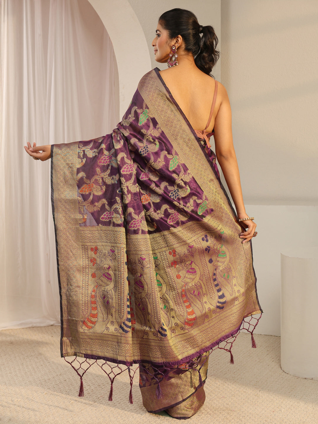  Purple Floral Woven Design Silk Blend Saree With Unstitched Blouse Piece 