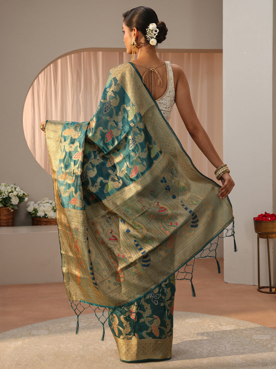 Blue Floral Woven Design Silk Blend Saree 