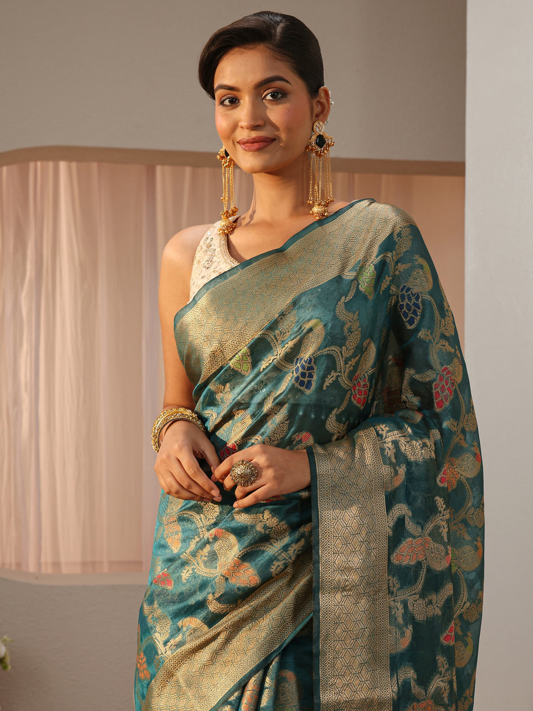  Blue Floral Woven Design Silk Blend Saree 