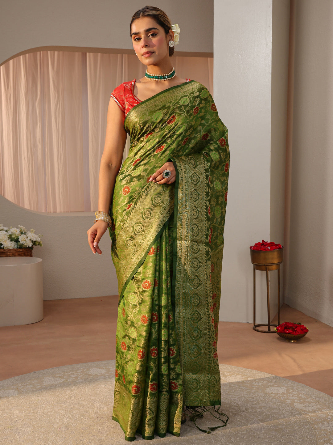  Green Jacquard Woven Design Silk Blend Saree 