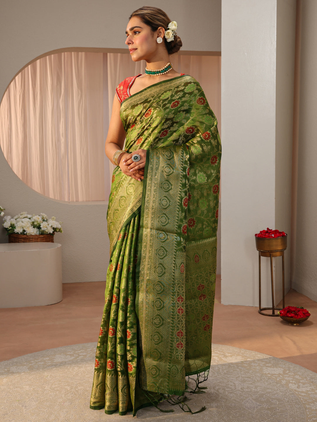  Green Jacquard Woven Design Silk Blend Saree 