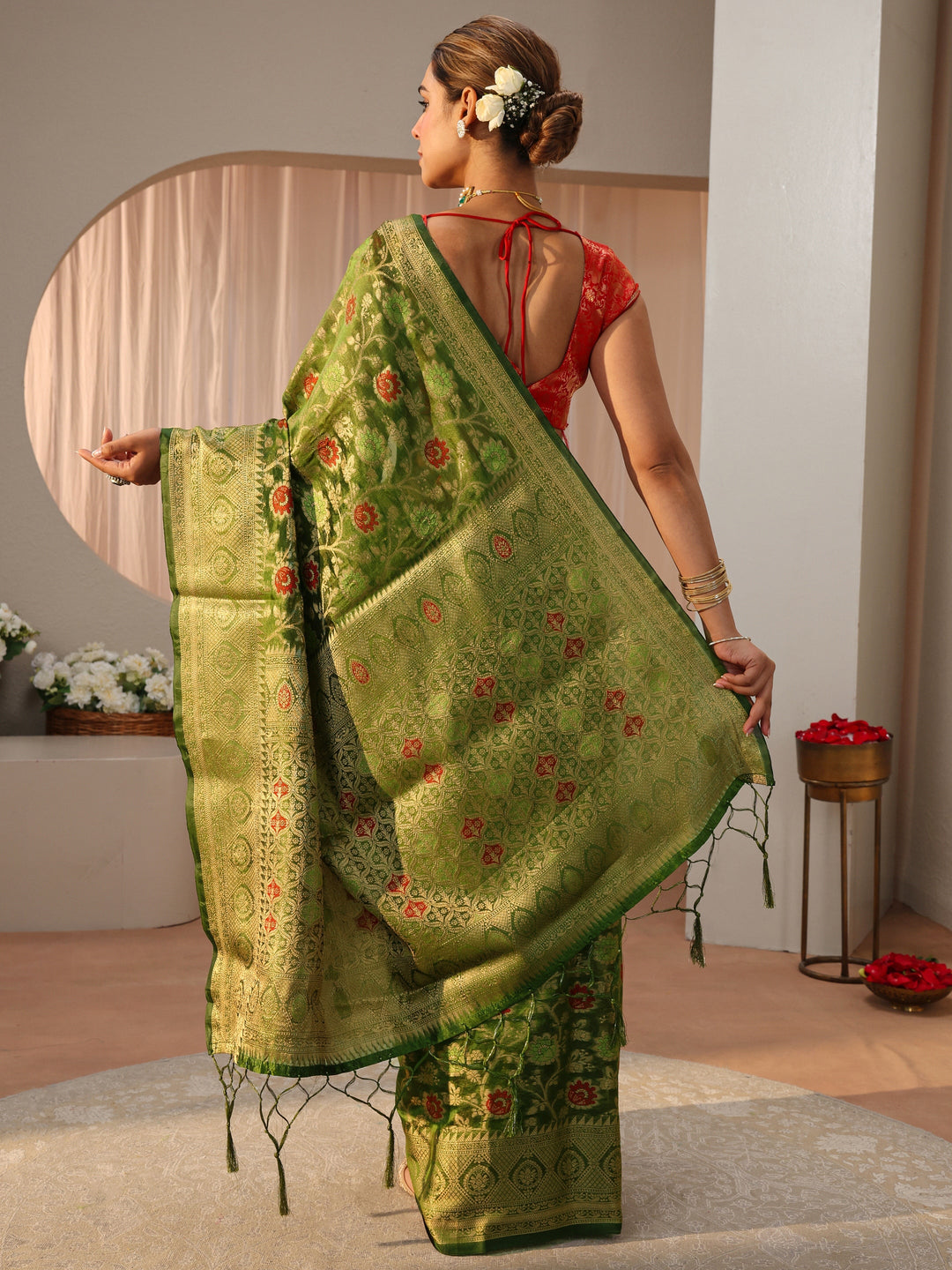  Green Jacquard Woven Design Silk Blend Saree 