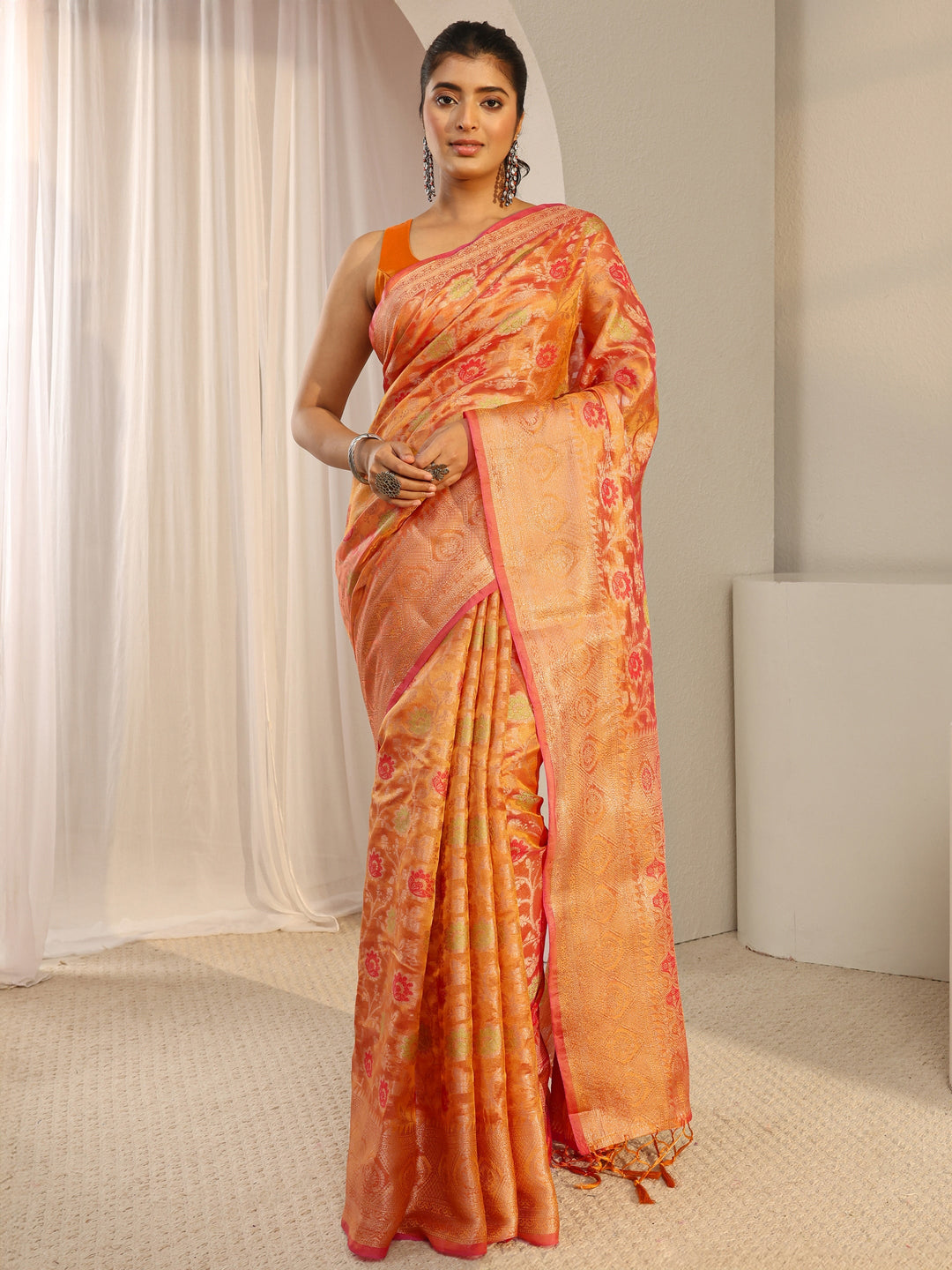  Orange Floral Woven Design Silk Blend Saree With Unstitched Blouse Piece 