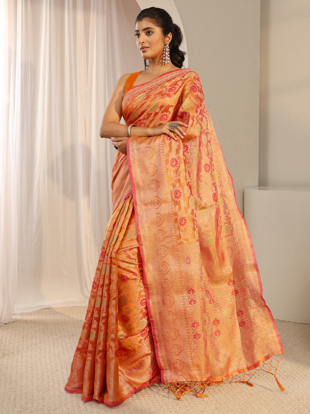  Orange Floral Woven Design Silk Blend Saree With Unstitched Blouse Piece 