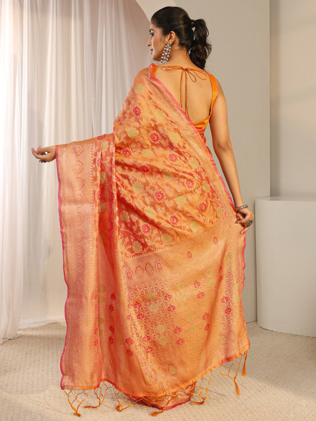  Orange Floral Woven Design Silk Blend Saree With Unstitched Blouse Piece 