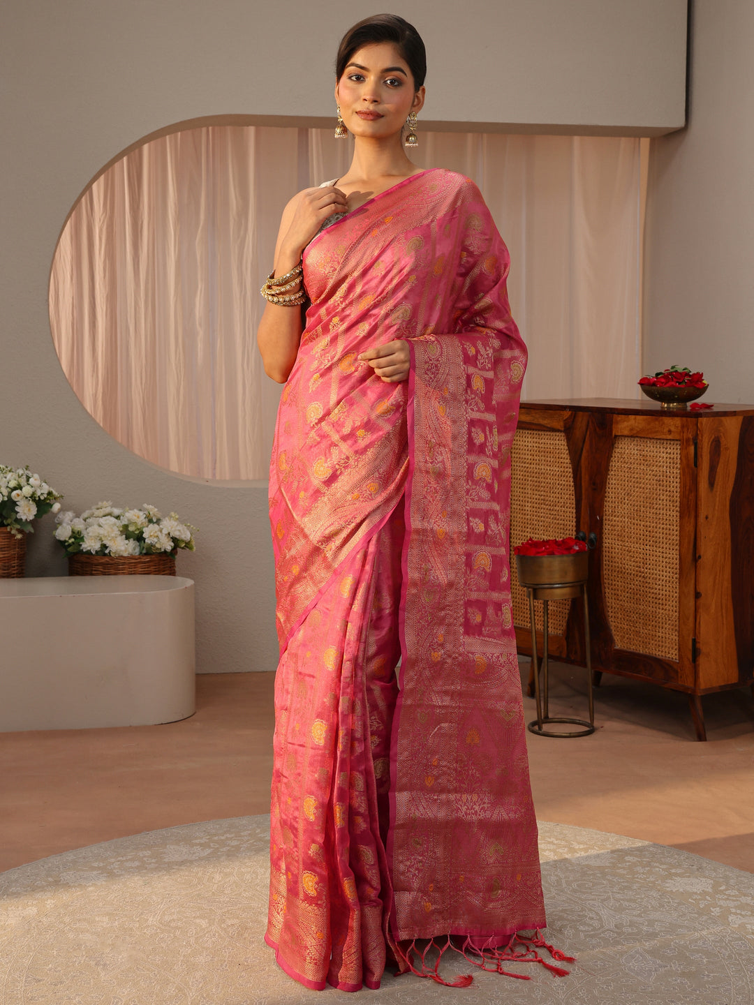  Pink Floral Woven Design Silk Blend Saree 