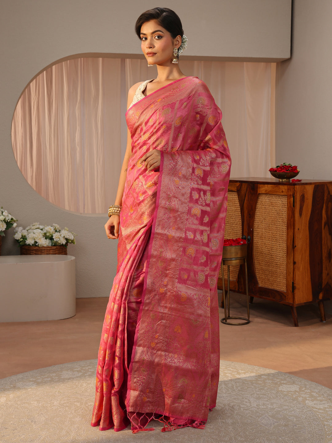  Pink Floral Woven Design Silk Blend Saree 