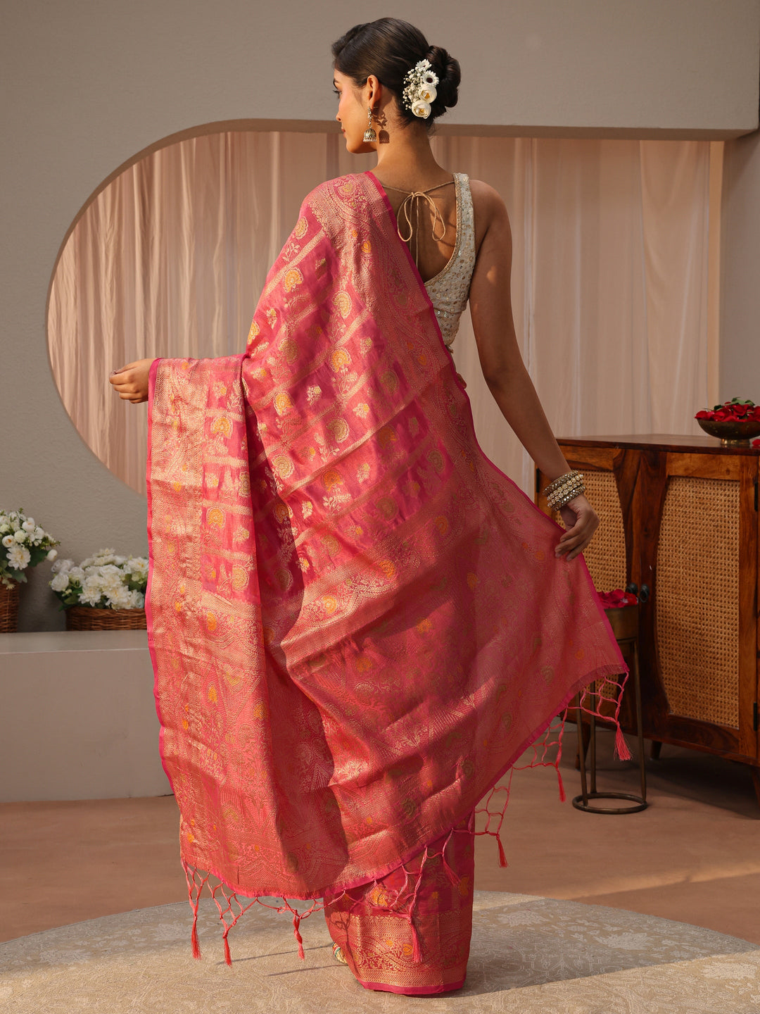  Pink Floral Woven Design Silk Blend Saree 