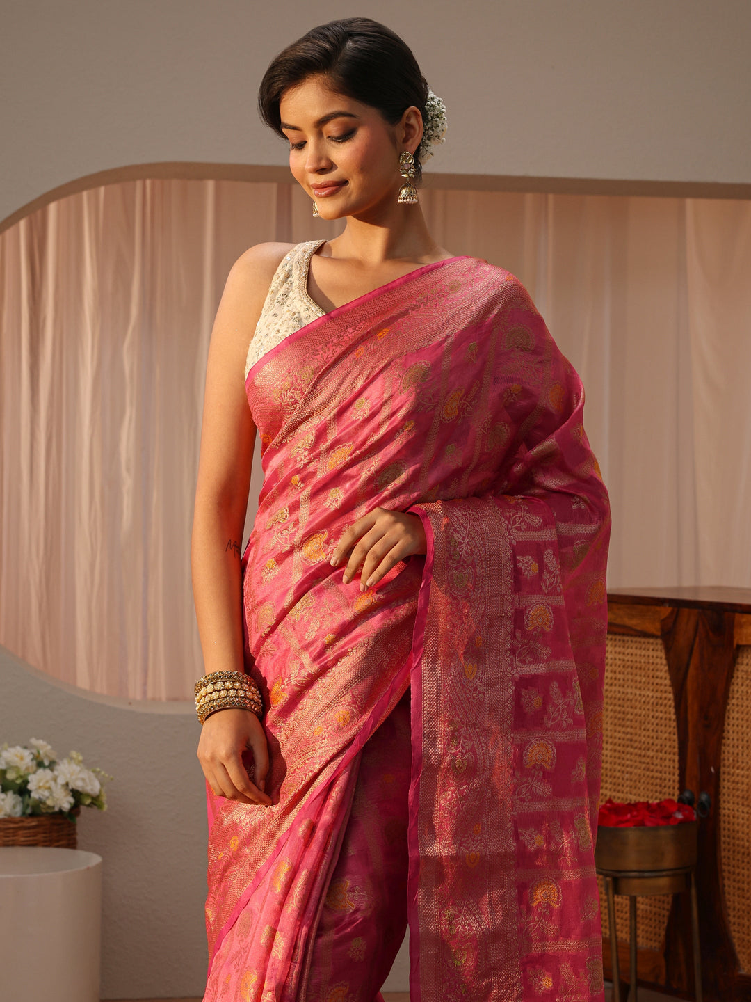  Pink Floral Woven Design Silk Blend Saree 