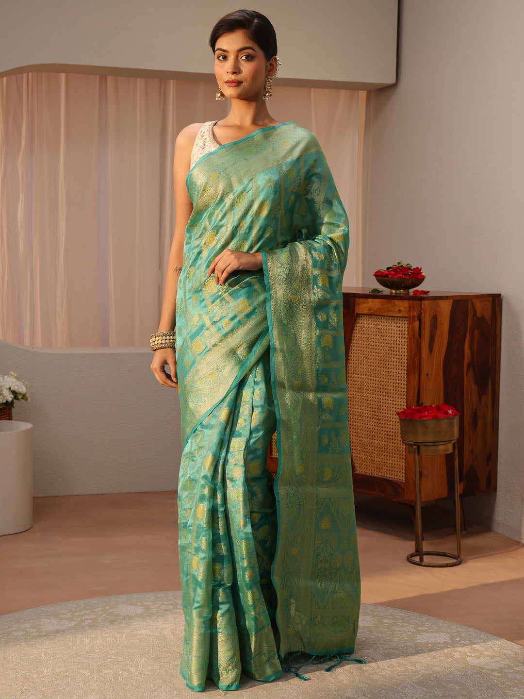  Green Floral Woven Design Silk Blend Saree 