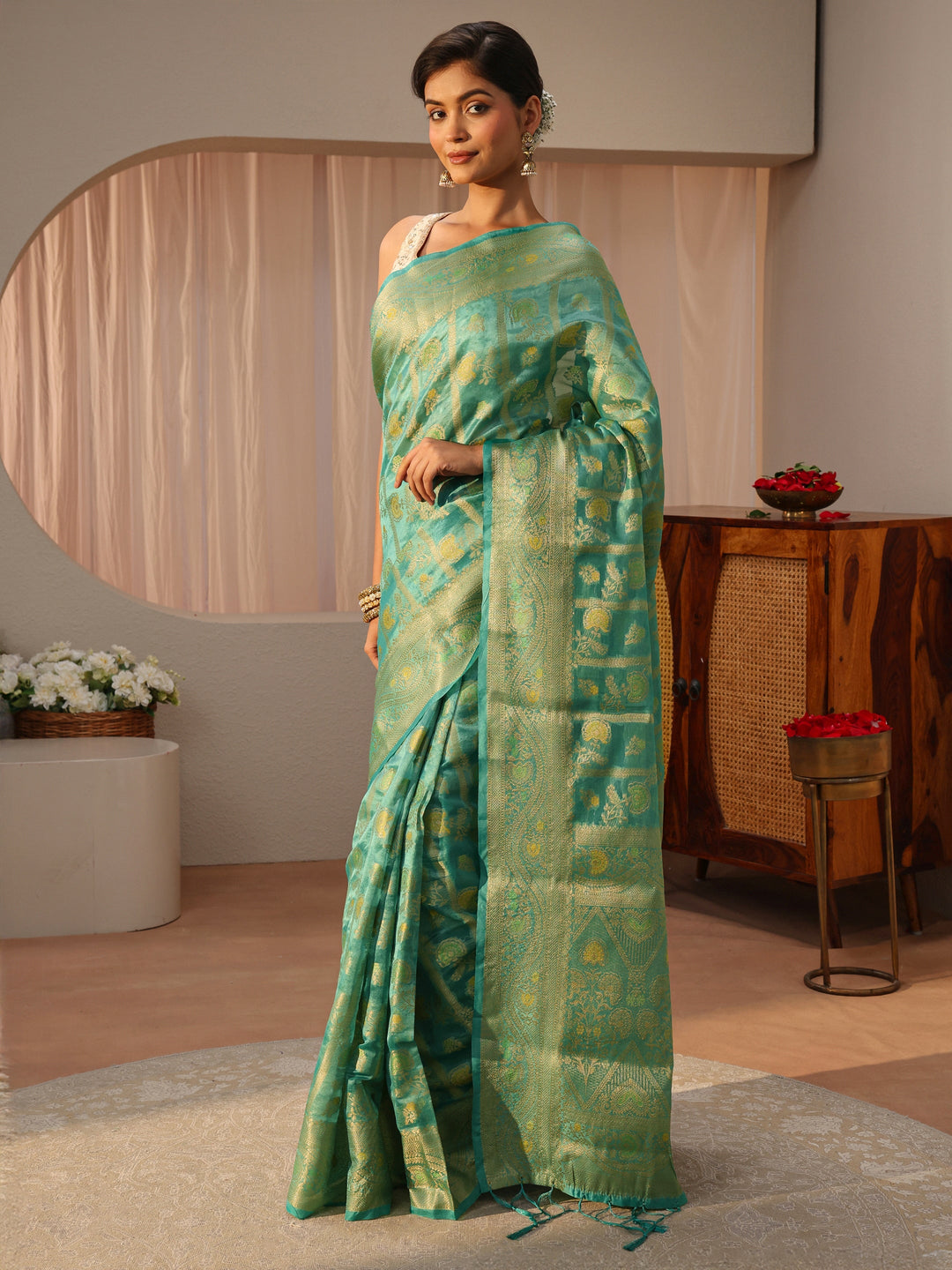  Green Floral Woven Design Silk Blend Saree 