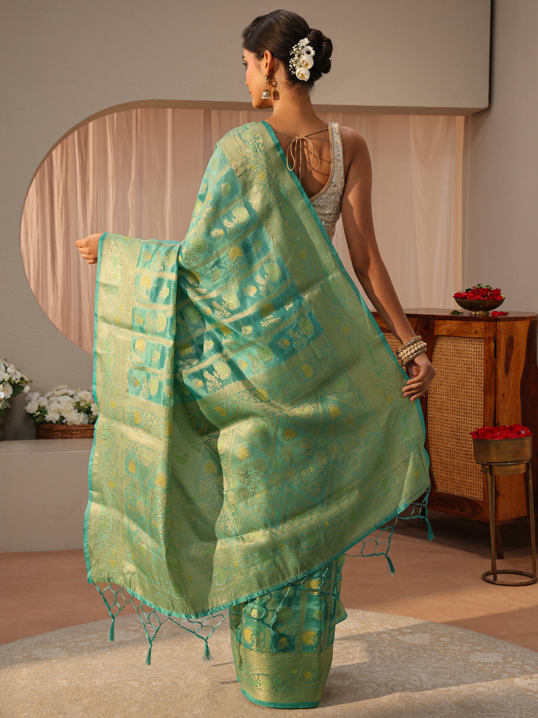  Green Floral Woven Design Silk Blend Saree 
