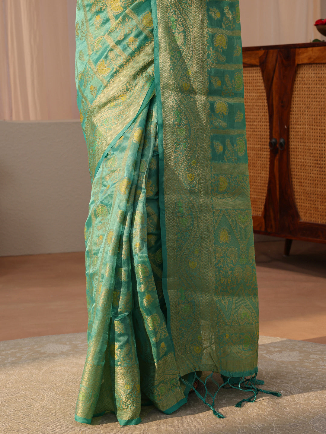  Green Floral Woven Design Silk Blend Saree 