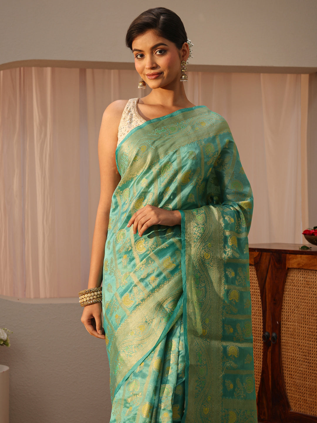  Green Floral Woven Design Silk Blend Saree 