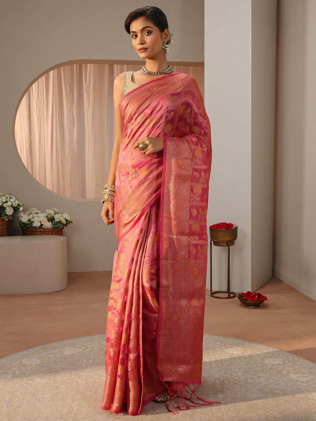  Pink Floral Woven Design Silk Blend Saree 