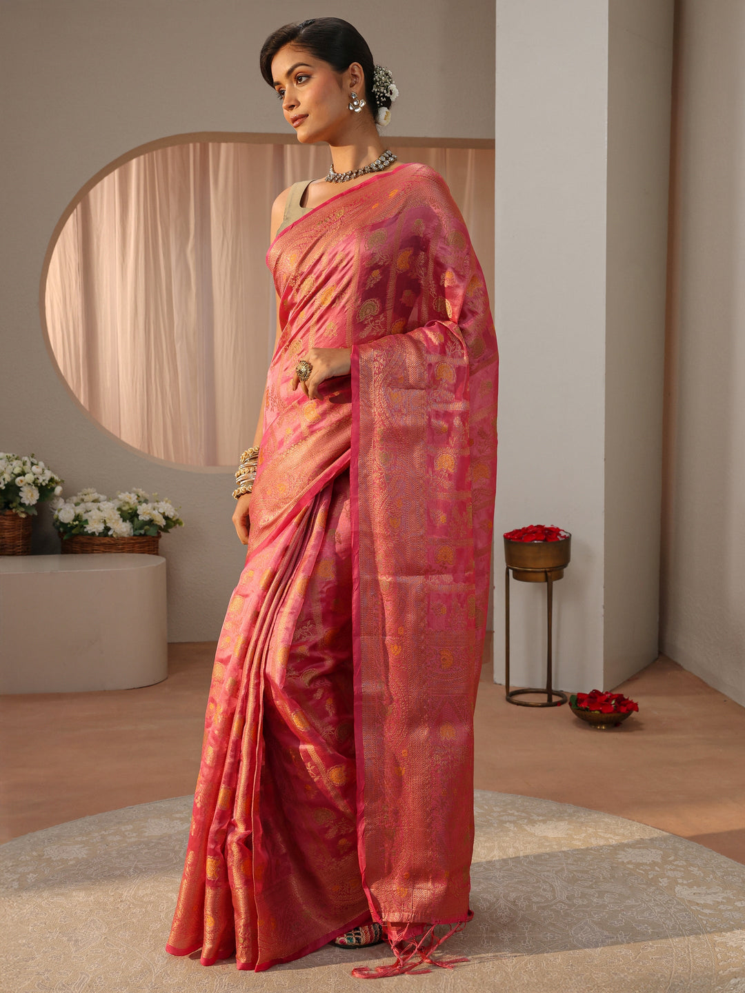  Pink Floral Woven Design Silk Blend Saree 