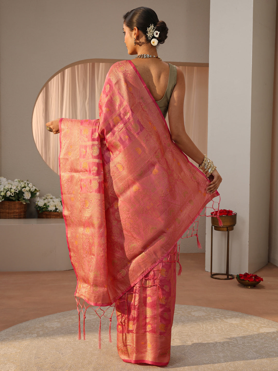  Pink Floral Woven Design Silk Blend Saree 
