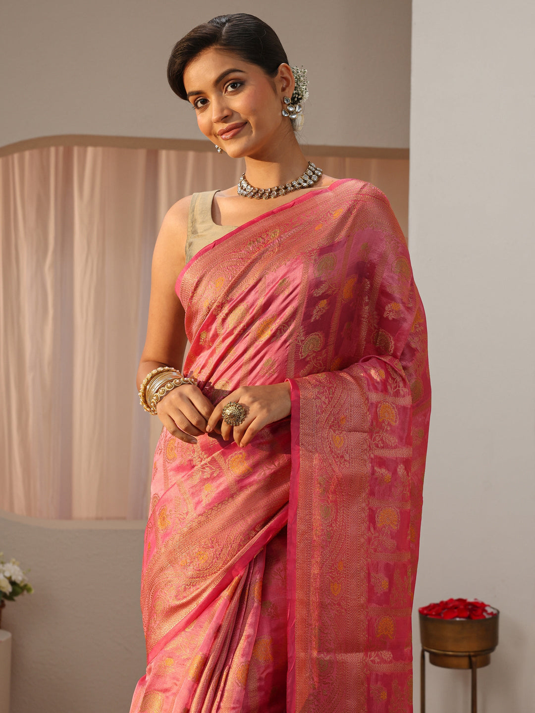  Pink Floral Woven Design Silk Blend Saree 