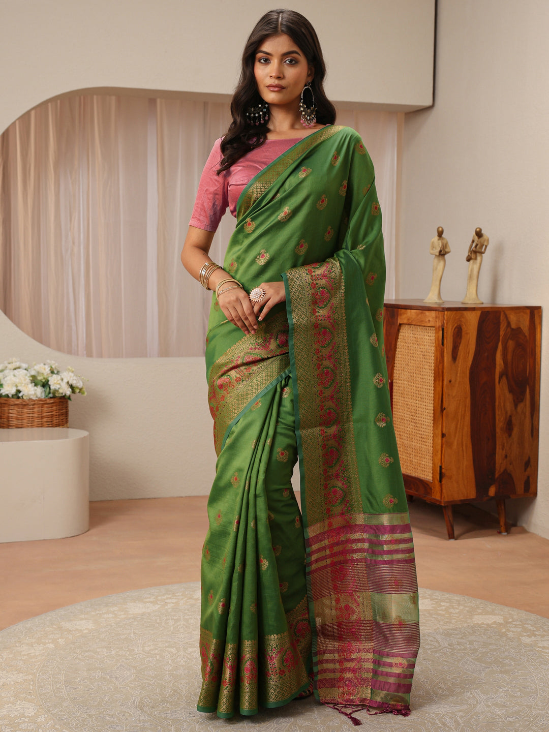  Green Ethnic Woven Design Silk Blend Saree 