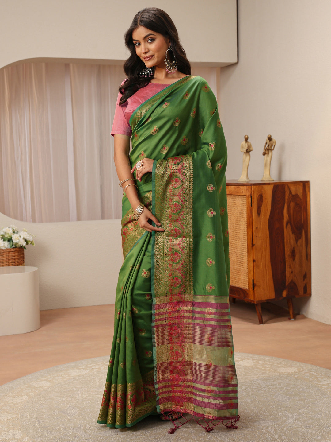  Green Ethnic Woven Design Silk Blend Saree 