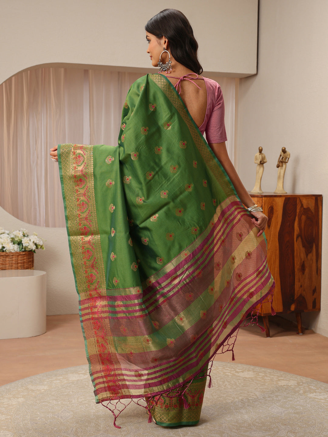  Green Ethnic Woven Design Silk Blend Saree 