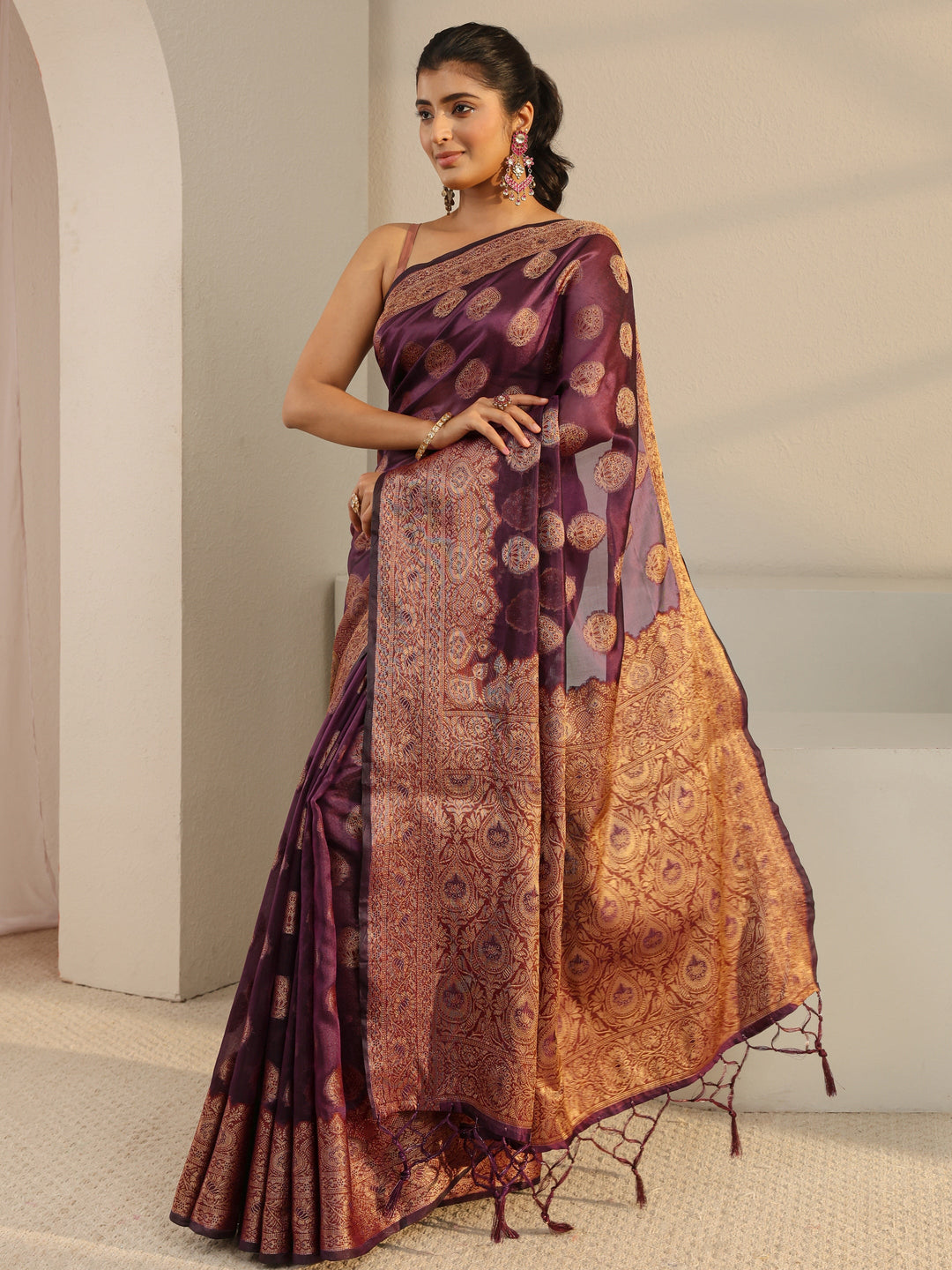  Burgundy Ethnic Woven Design Silk Blend Saree With Unstitched Blouse Piece 