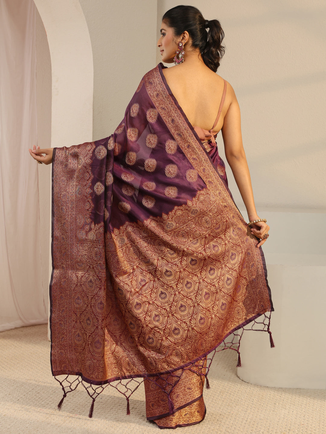  Burgundy Ethnic Woven Design Silk Blend Saree With Unstitched Blouse Piece 