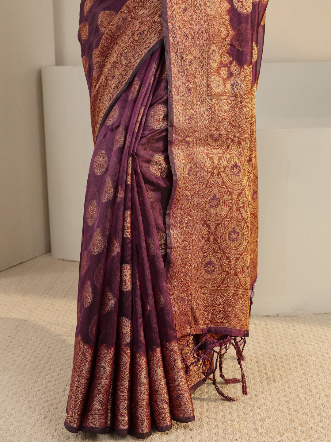  Burgundy Ethnic Woven Design Silk Blend Saree With Unstitched Blouse Piece 
