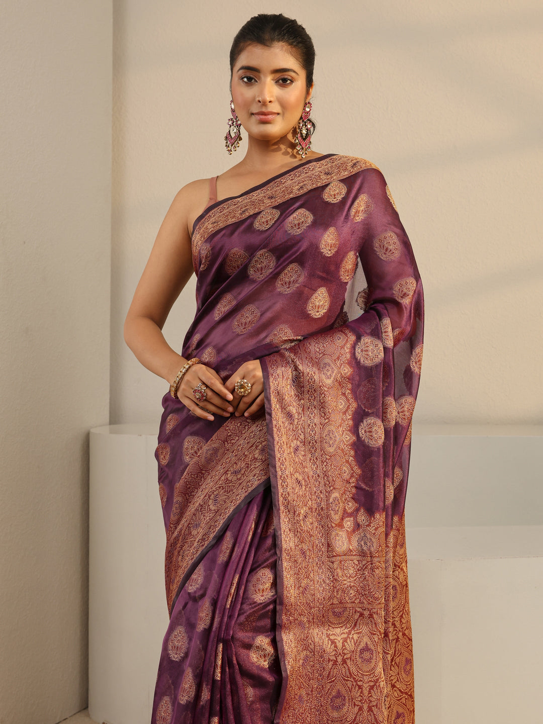  Burgundy Ethnic Woven Design Silk Blend Saree With Unstitched Blouse Piece 