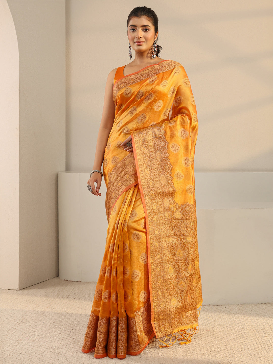  Mustard Ethnic Woven Design Silk Blend Saree With Unstitched Blouse Piece 