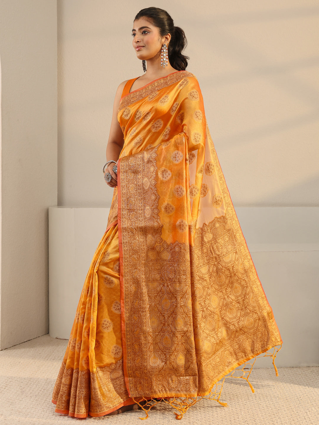  Mustard Ethnic Woven Design Silk Blend Saree With Unstitched Blouse Piece 