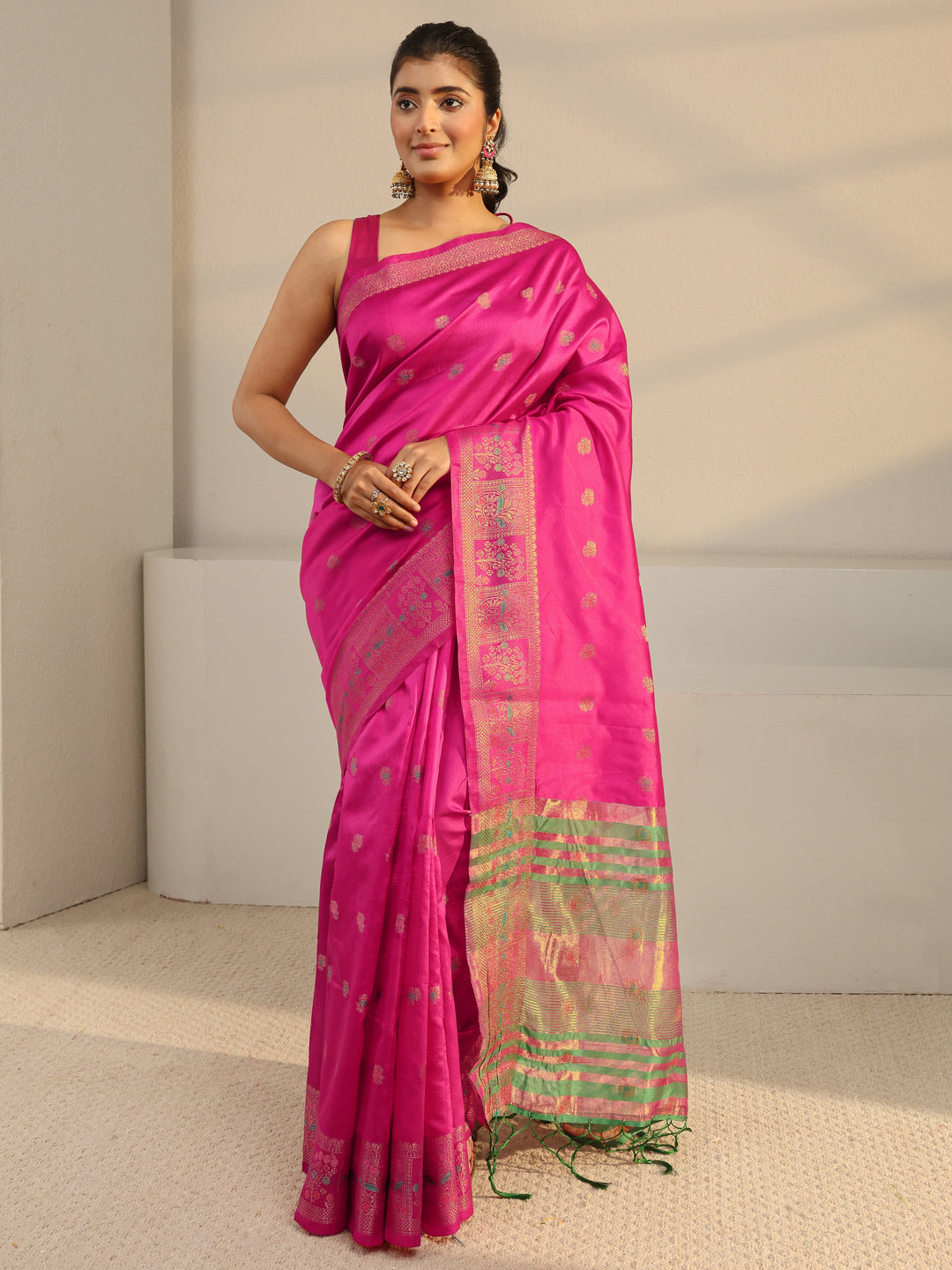  Pink Ethnic Woven Design Silk Blend Saree With Unstitched Blouse Piece 