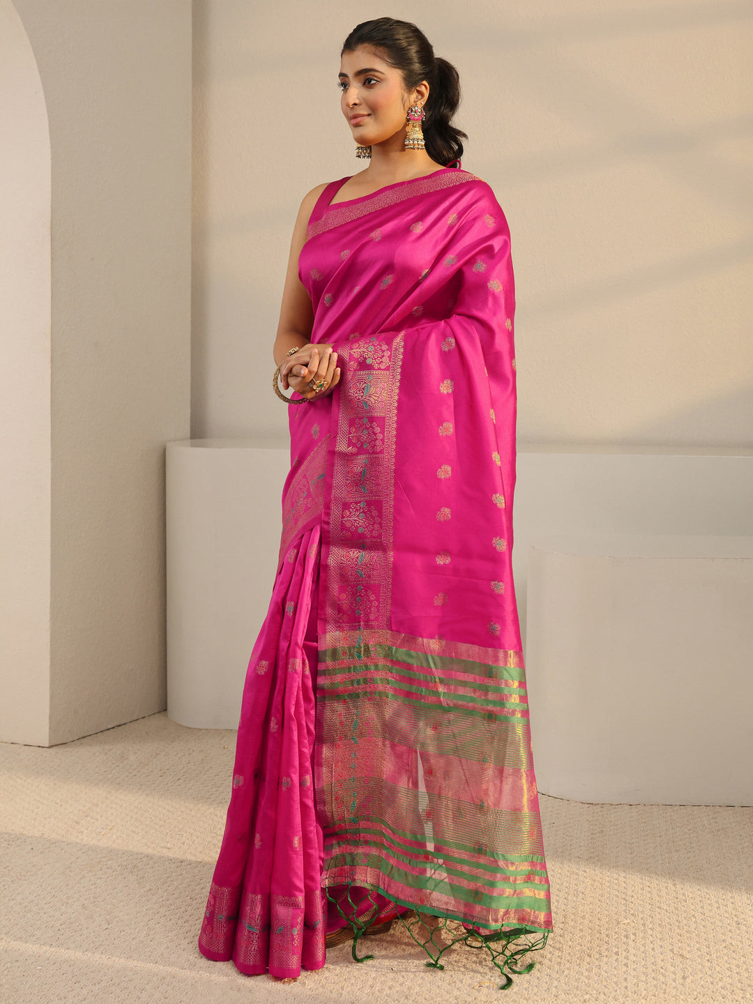  Pink Ethnic Woven Design Silk Blend Saree With Unstitched Blouse Piece 