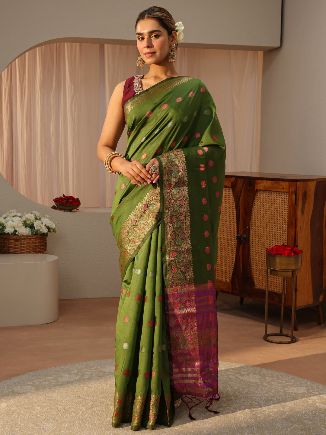  Green Kanjeevaram Silk Blend Saree 