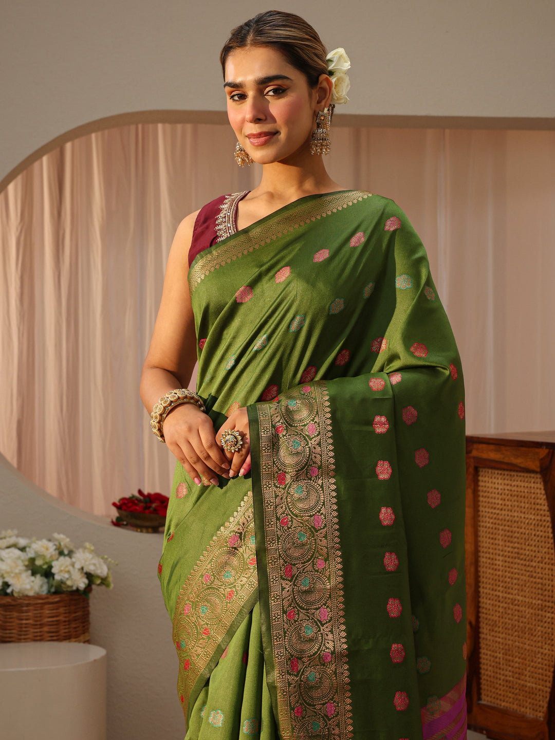  Green Kanjeevaram Silk Blend Saree 
