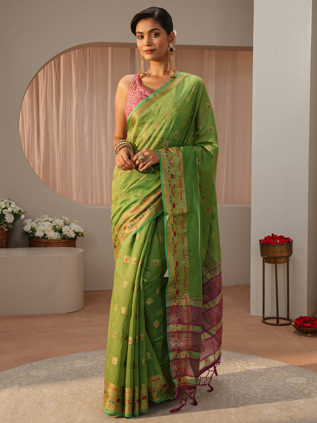  Green Jacquard Woven Design Silk Blend Saree 