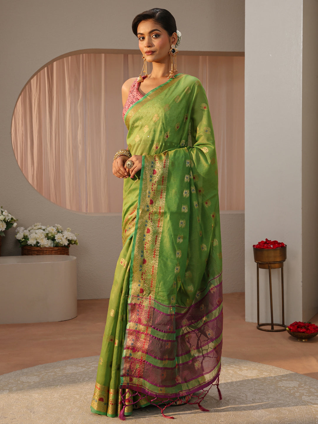  Green Jacquard Woven Design Silk Blend Saree 