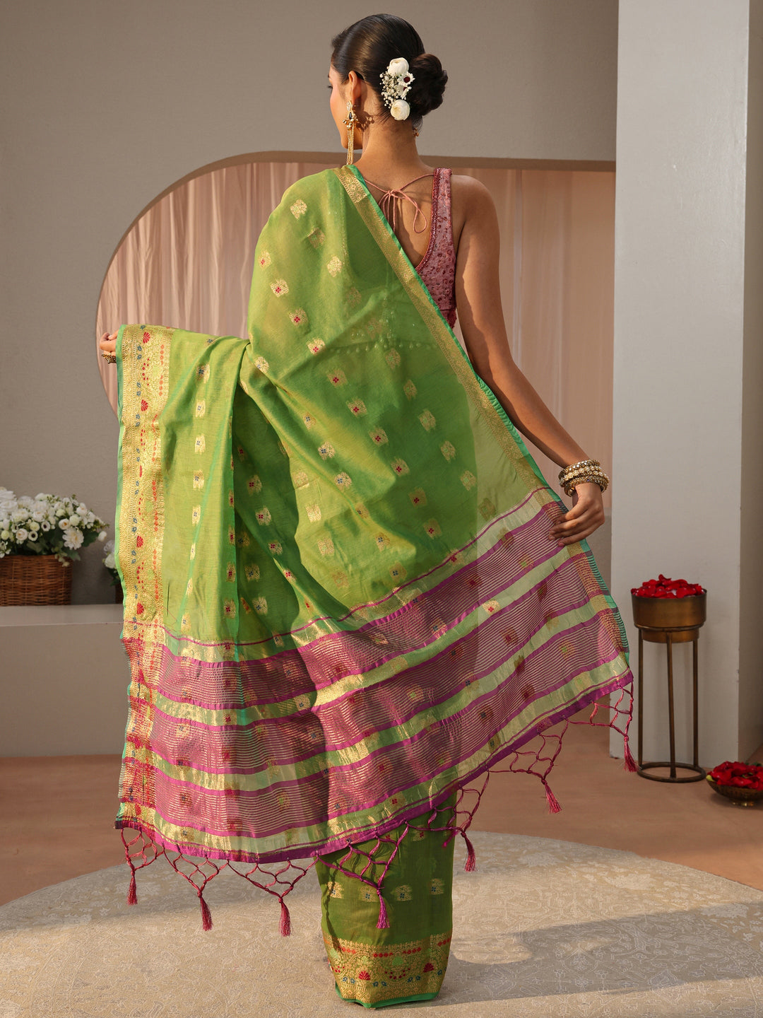  Green Jacquard Woven Design Silk Blend Saree 