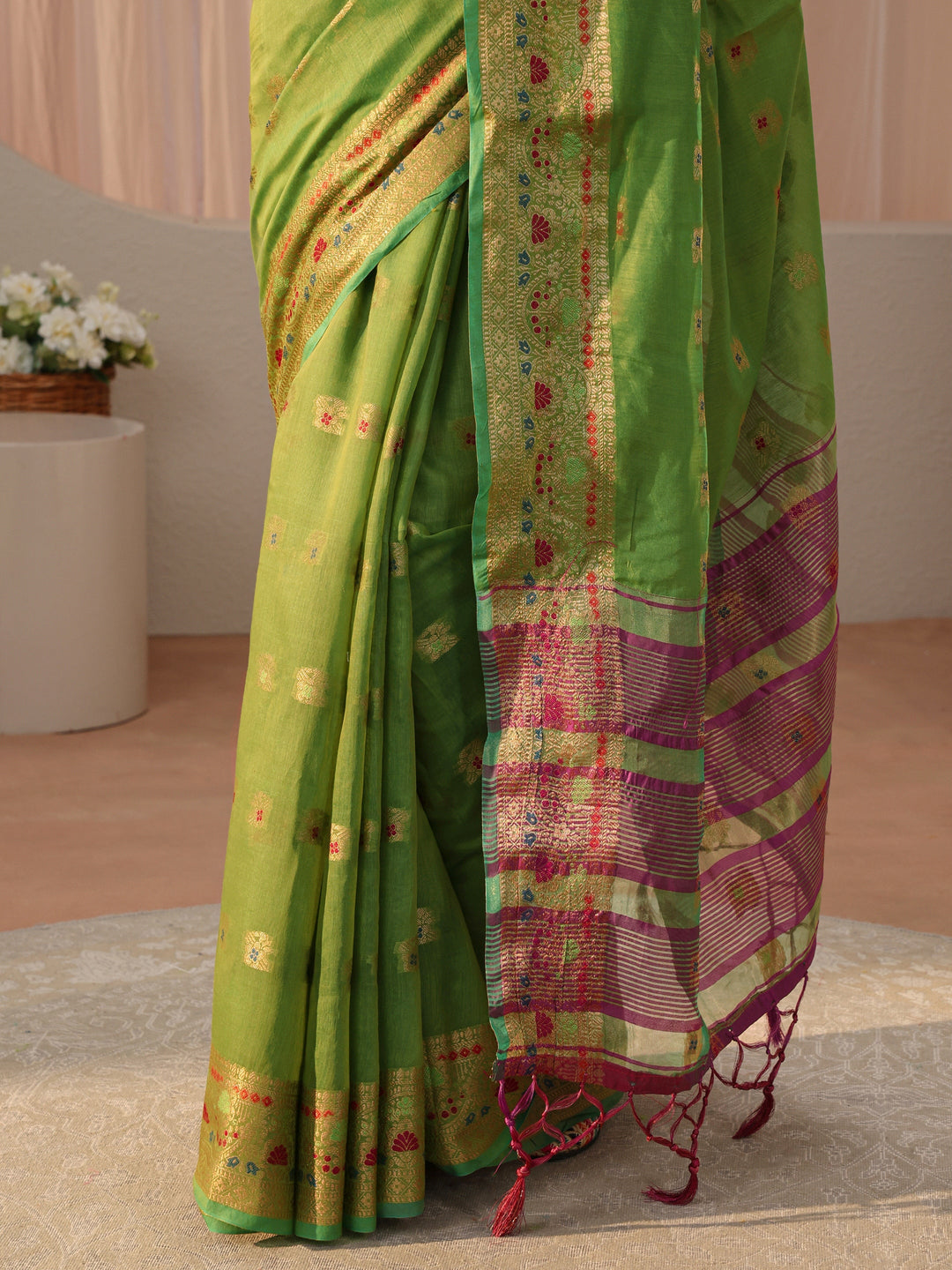  Green Jacquard Woven Design Silk Blend Saree 